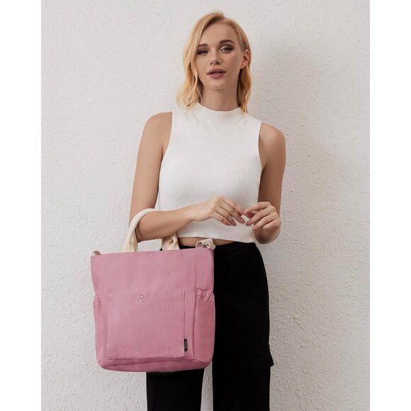 Prite Women Pink Corduroy Large Hobo Shoulder Crossbody Tote Bag With Pockets - Picture 6 of 6